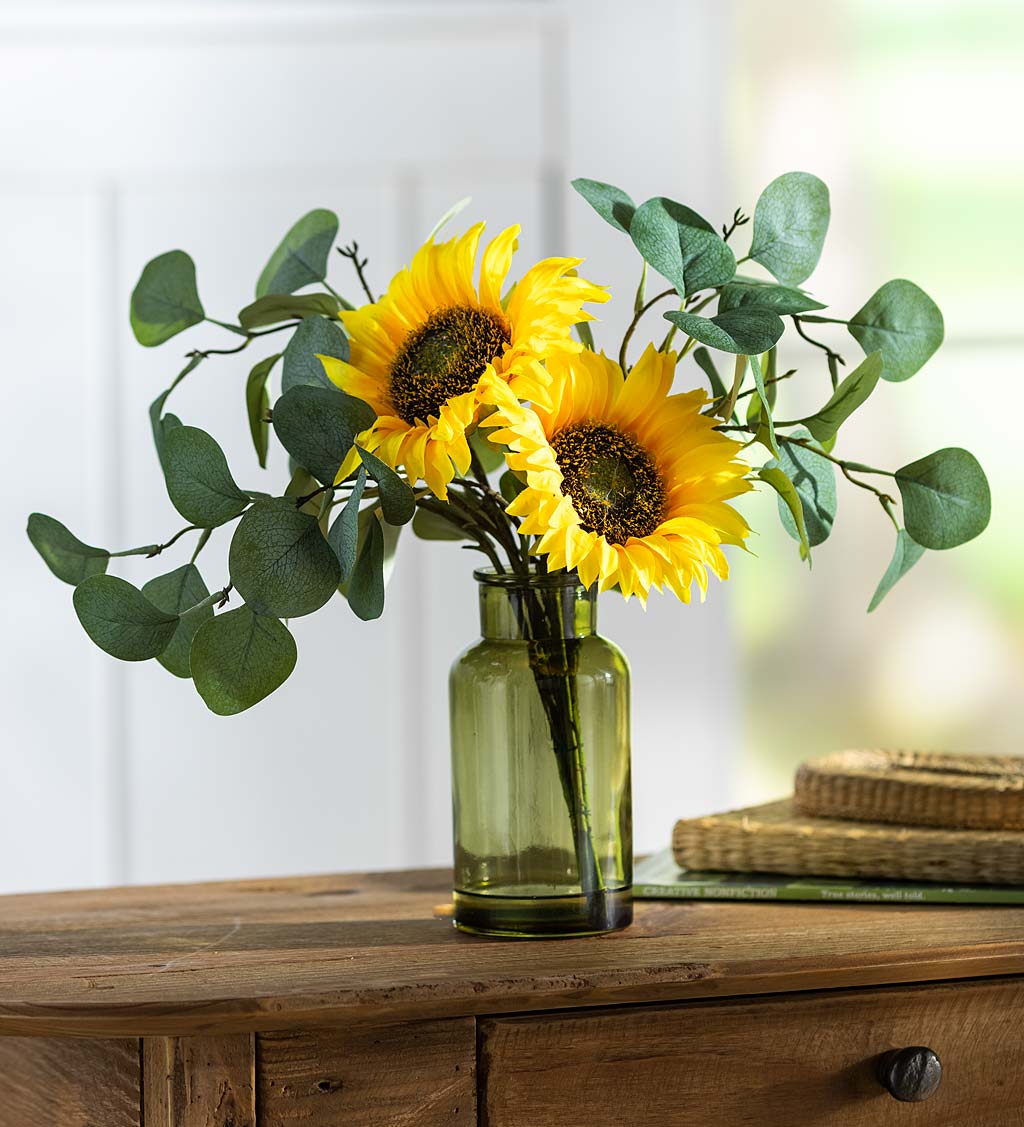 Sunflower And Eucalyptus Arrangement In Vase | Plow & Hearth