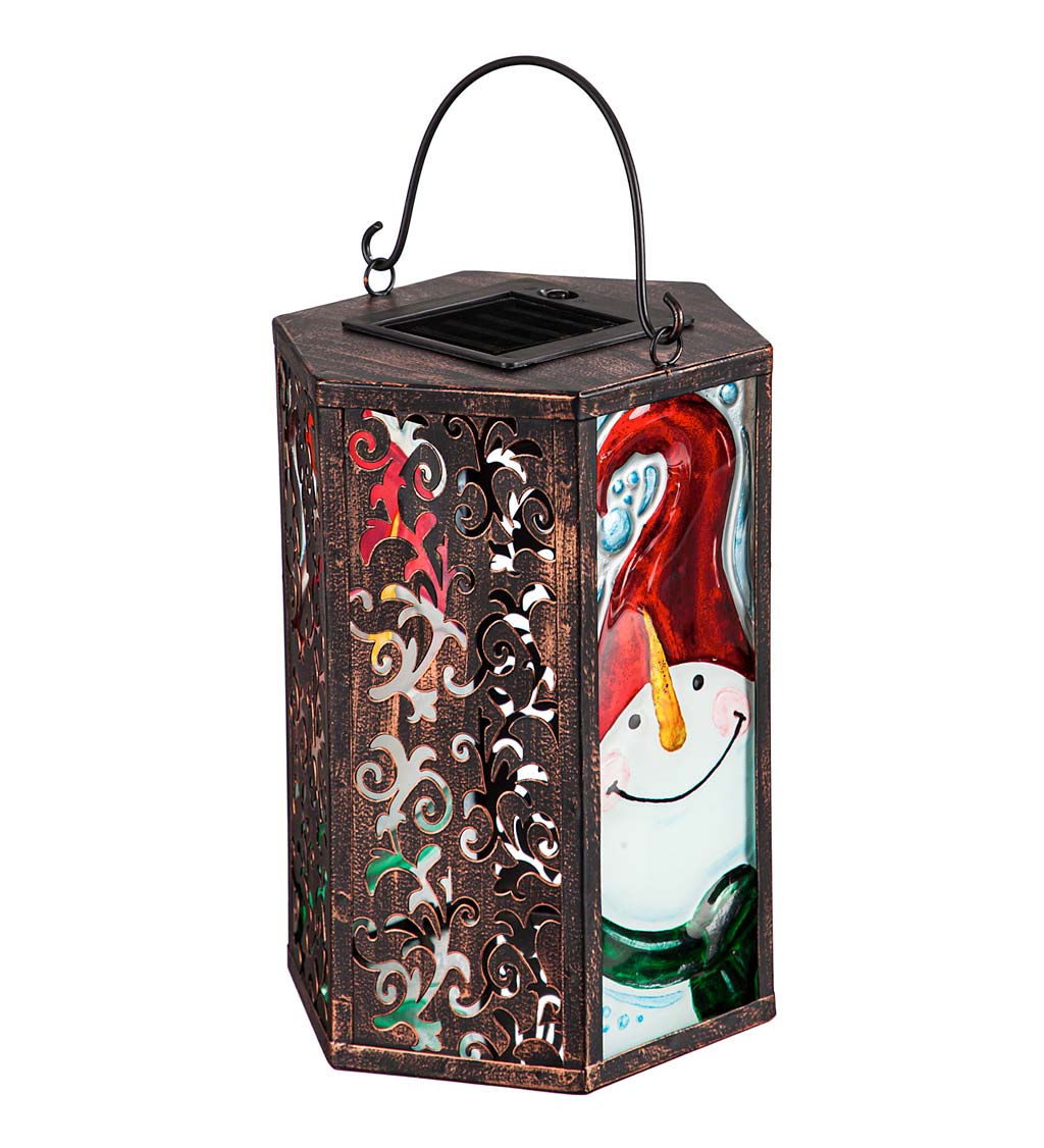Hand-Painted Holiday Snowman Embossed Glass Solar Lantern