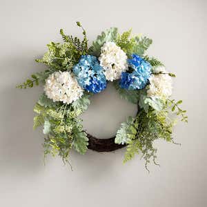 Blue and White Faux Hydrangea Wreath with Greenery