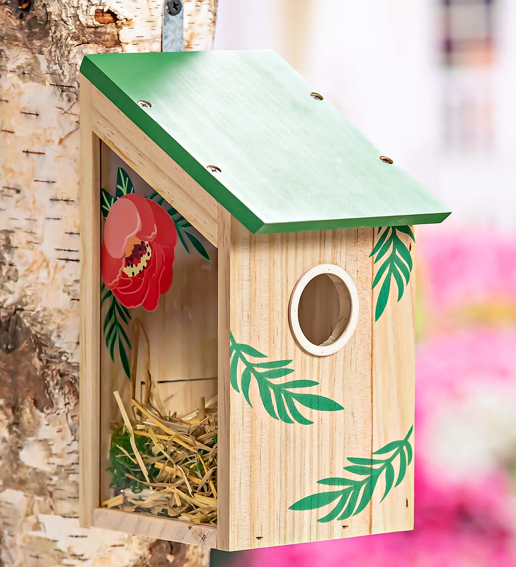 Wooden Bird House with Acrylic Viewing Window, Pink Flower