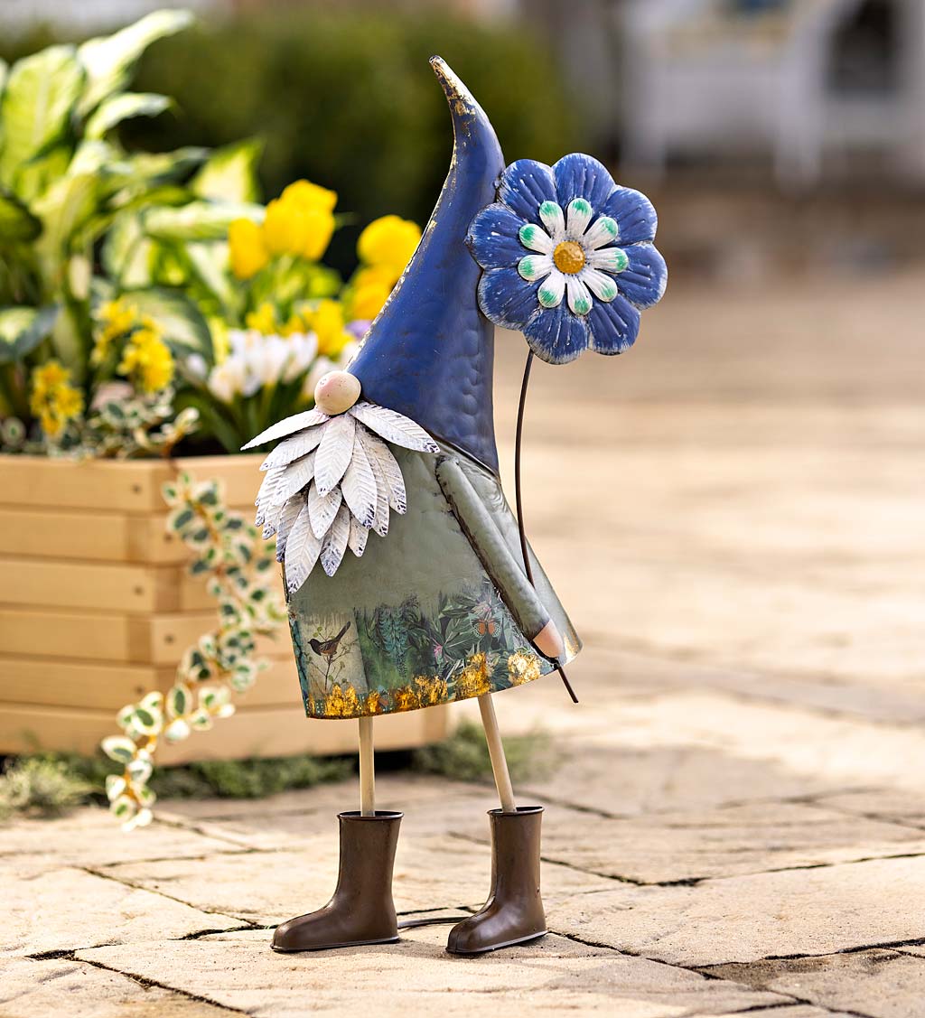 Metal Blue Flower Gnome Statue