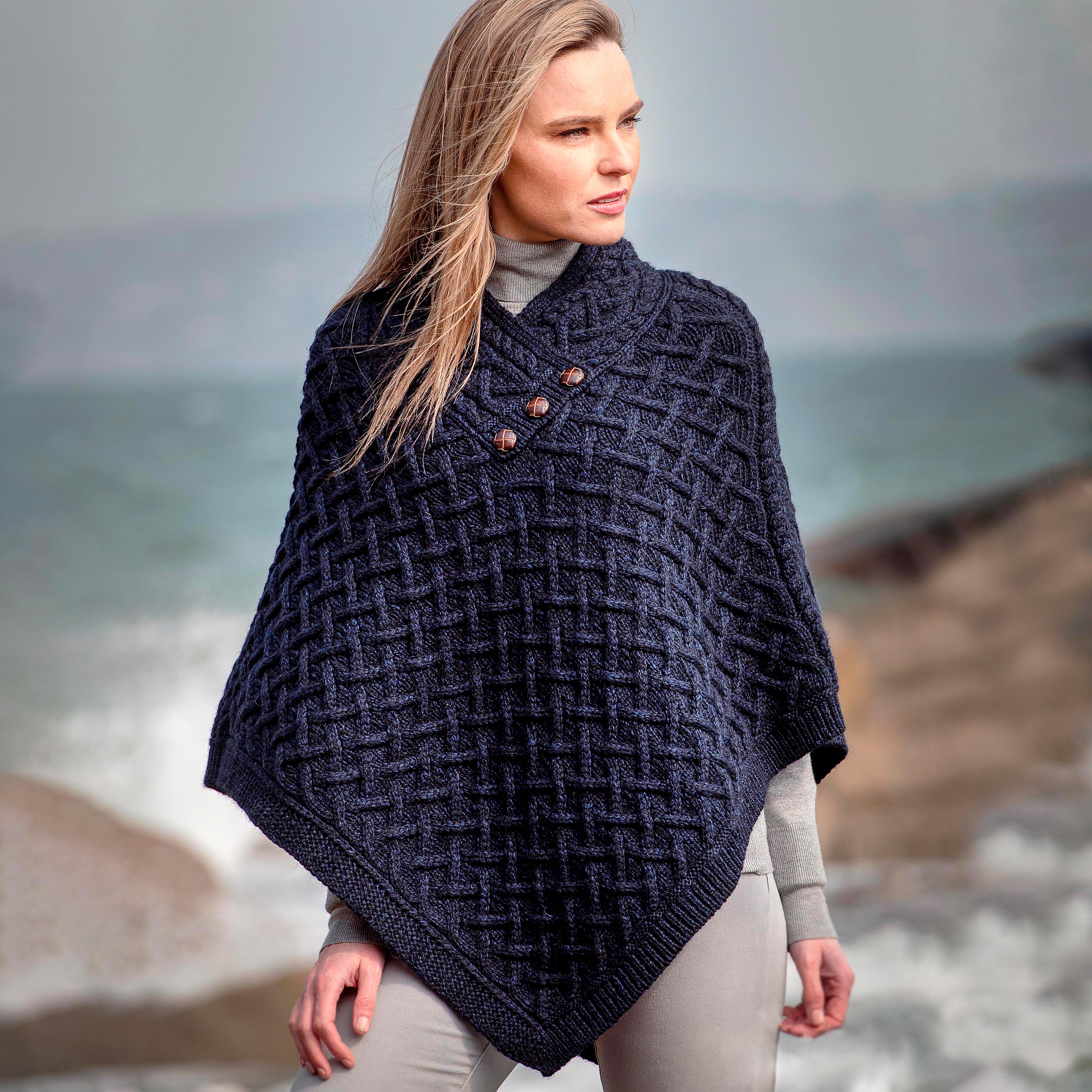 Women’s Irish Merino Wool Super Soft Lattice Poncho - Charcoal - M/L ...