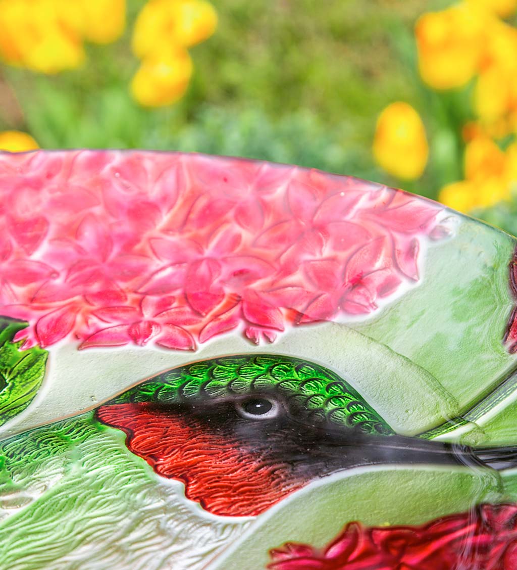 Textured Glass Hummingbirds and Red Hydrangea Birdbath Basin