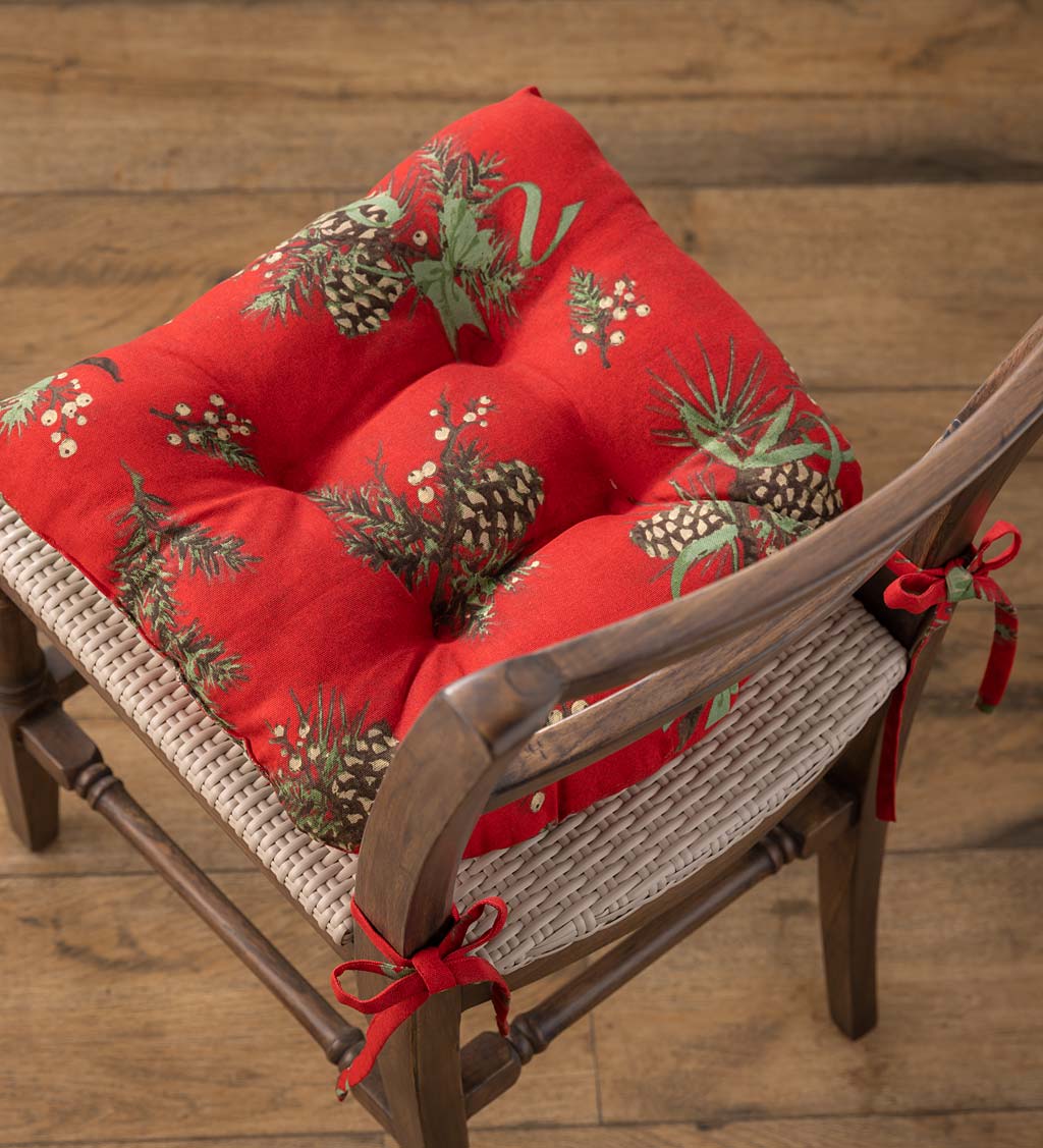 Holiday Peaceful Pine Tufted Cotton Chair Pad with Ties
