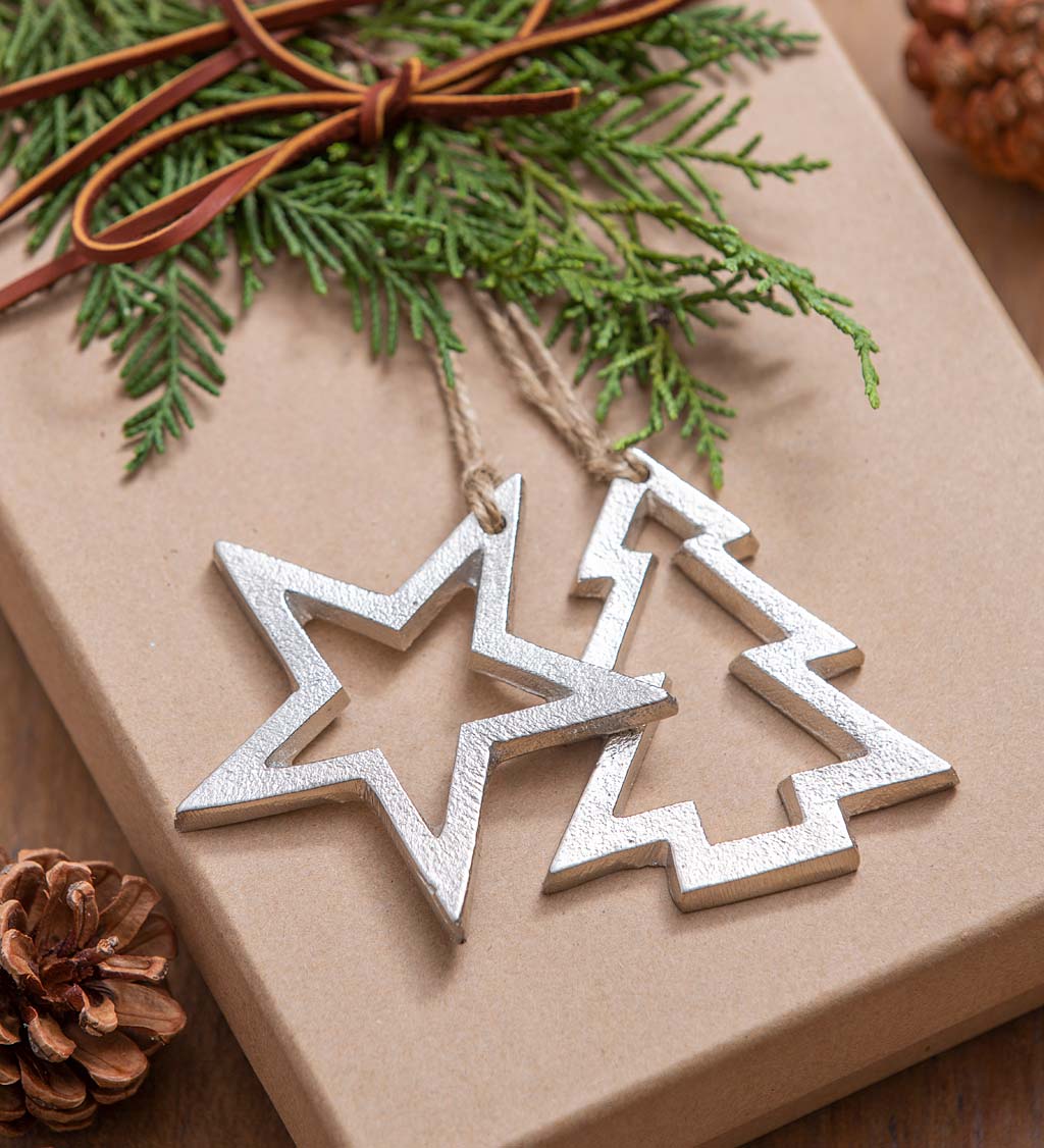 Textured Metal Tree and Star Christmas Tree Ornaments, Set of 2