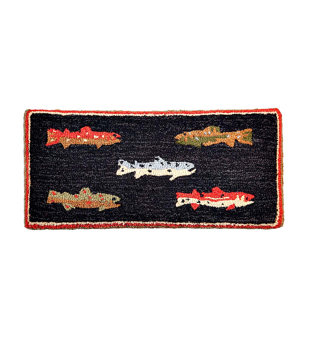 River Fish Hand-Hooked Wool and Hickory Bench