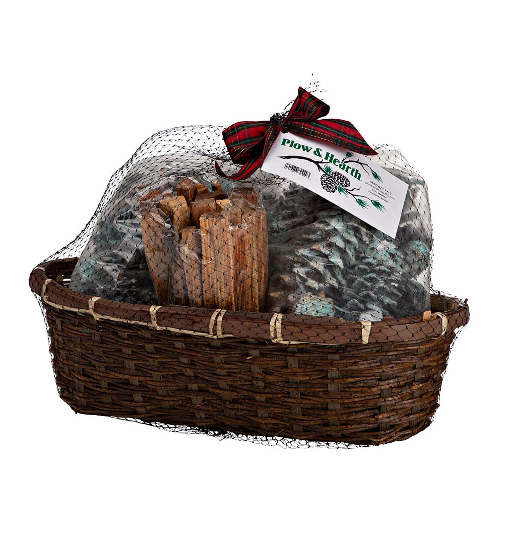 Fire Starter Gift Basket with Fatwood, Color Cones and Wax Cones