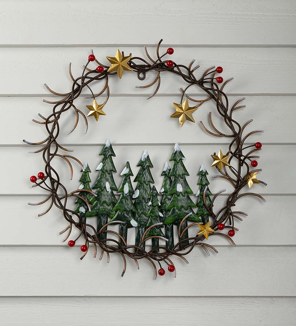 Metal Holiday Wreath with Trees and Stars