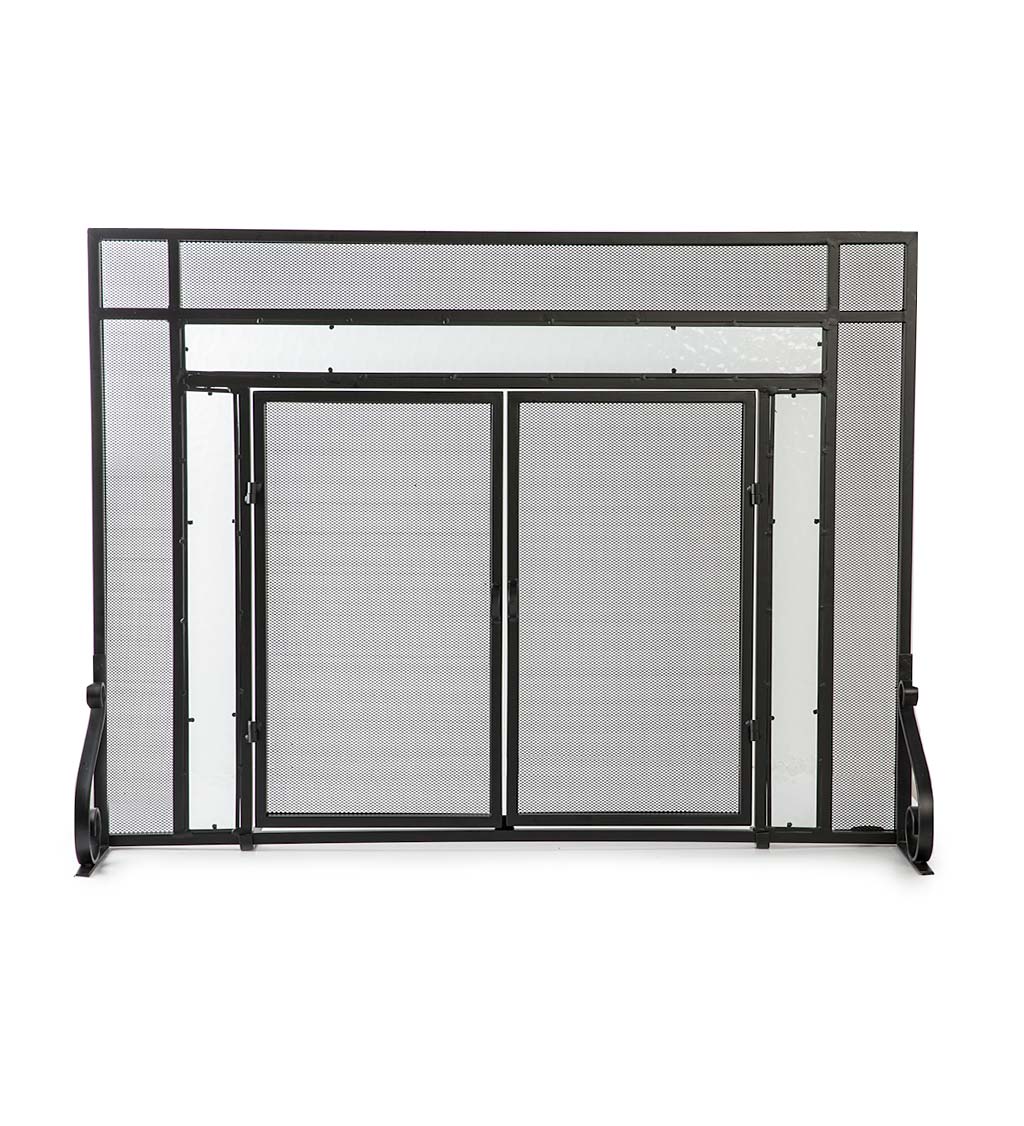 Large Steel Fire Screen with Two Doors and Tempered Glass Accents