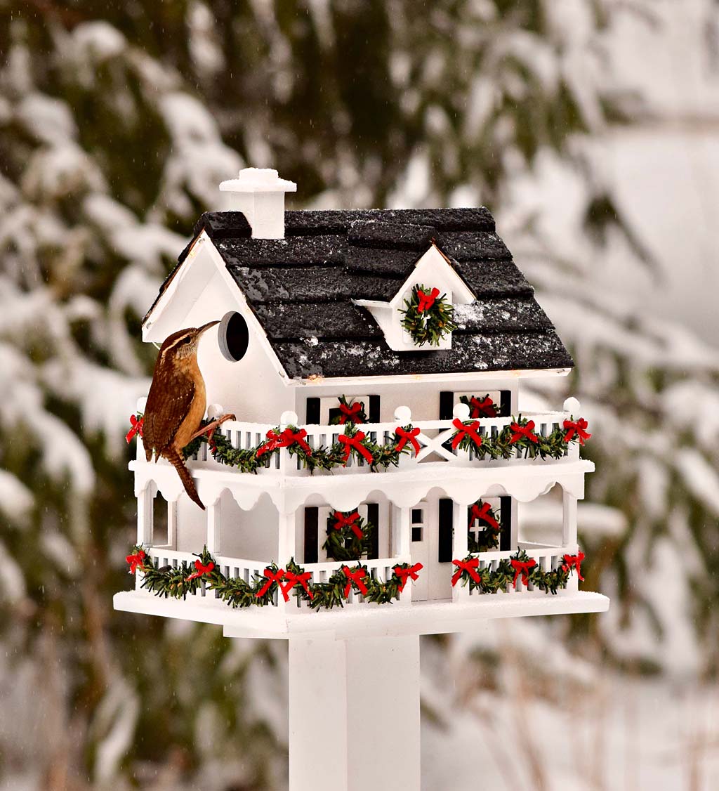 Lighted Holiday Colonial Cottage Birdhouse and Pedestal Pole Set