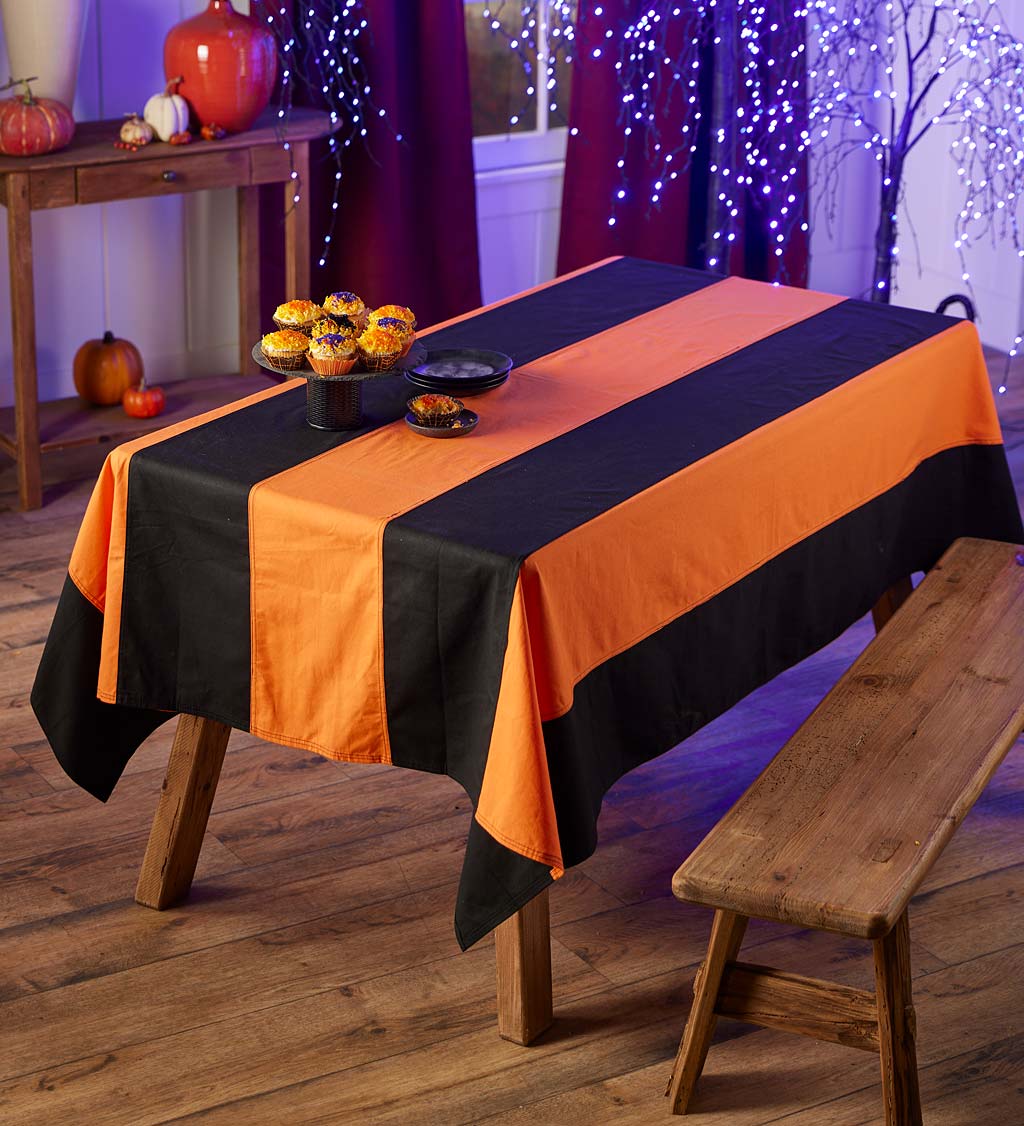 Halloween Orange and Black Cotton Striped Tablecloth