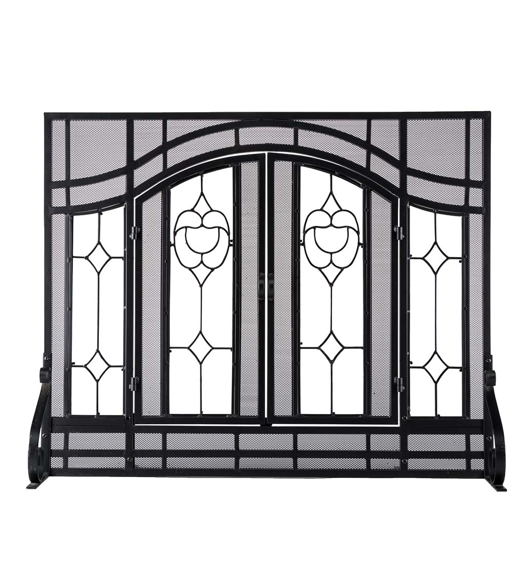 Large Two-Door Fireplace Screen with Glass Floral Panels