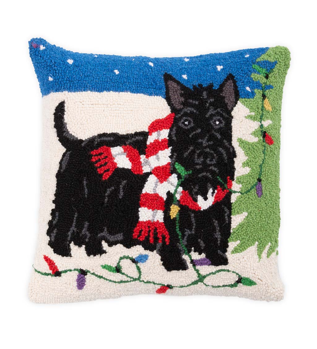 Hooked Wool Scottie Dog In the Snow Holiday Throw Pillow