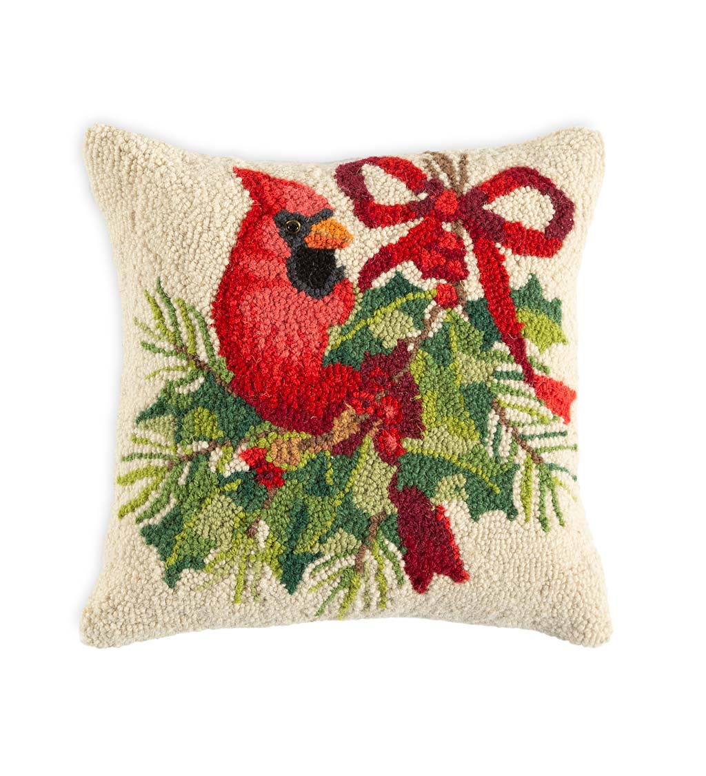 Holly Cardinal Hand-Hooked Wool Throw Pillow