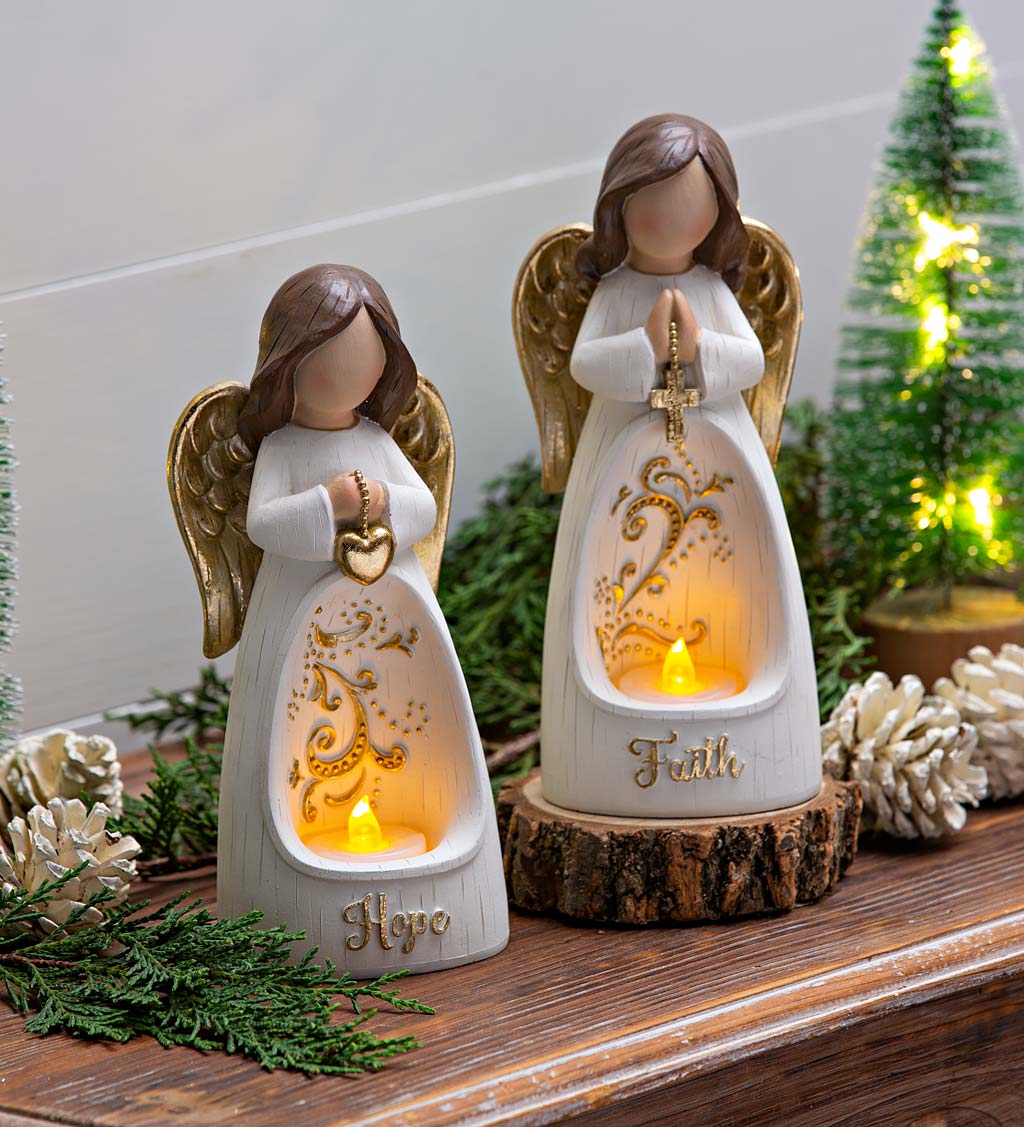 LED Angel with Sentiment Table Decor with Flickering LED Tealight, Set of 2