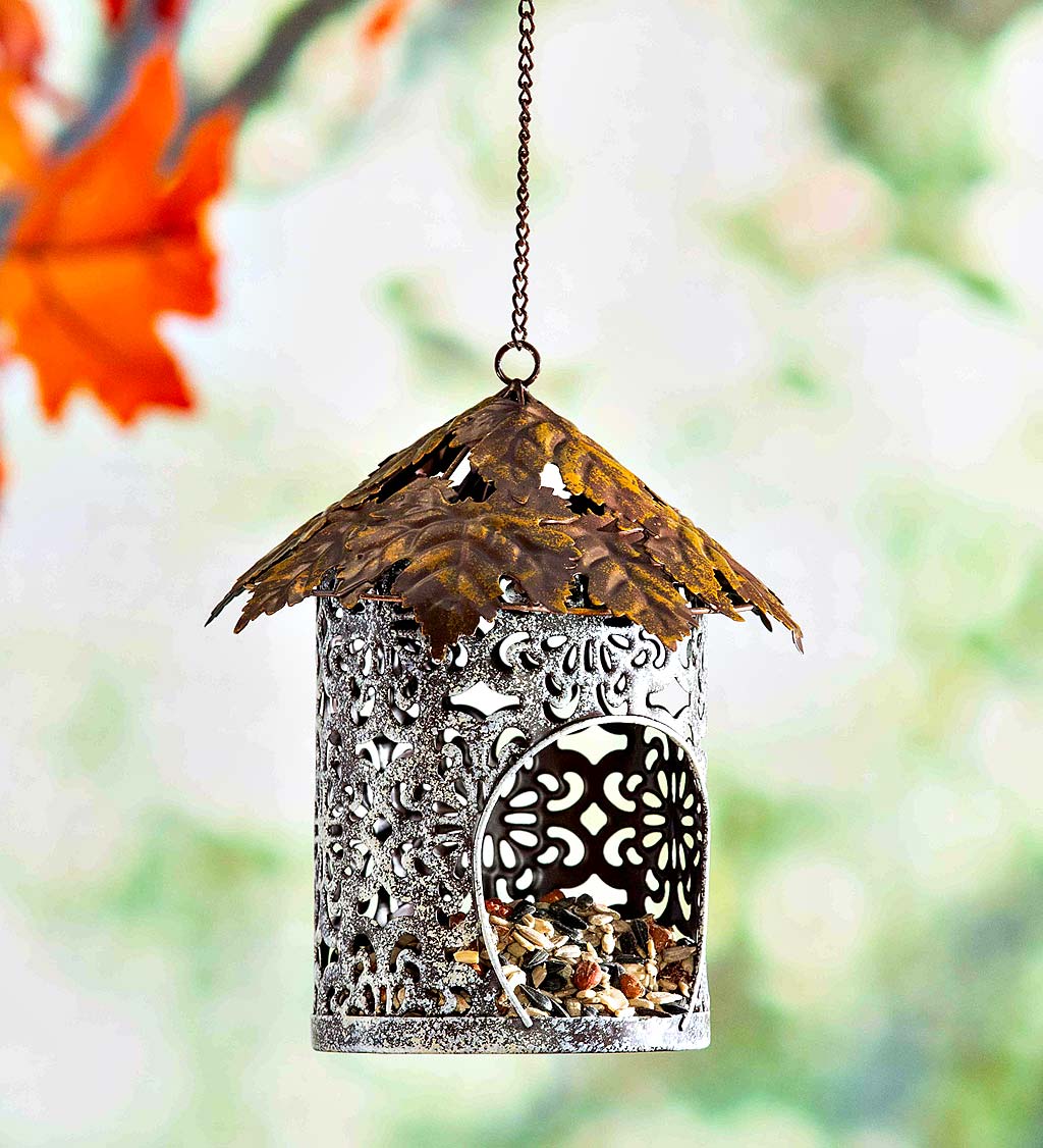 Bird Feeder with Metal Maple Leaf Roof