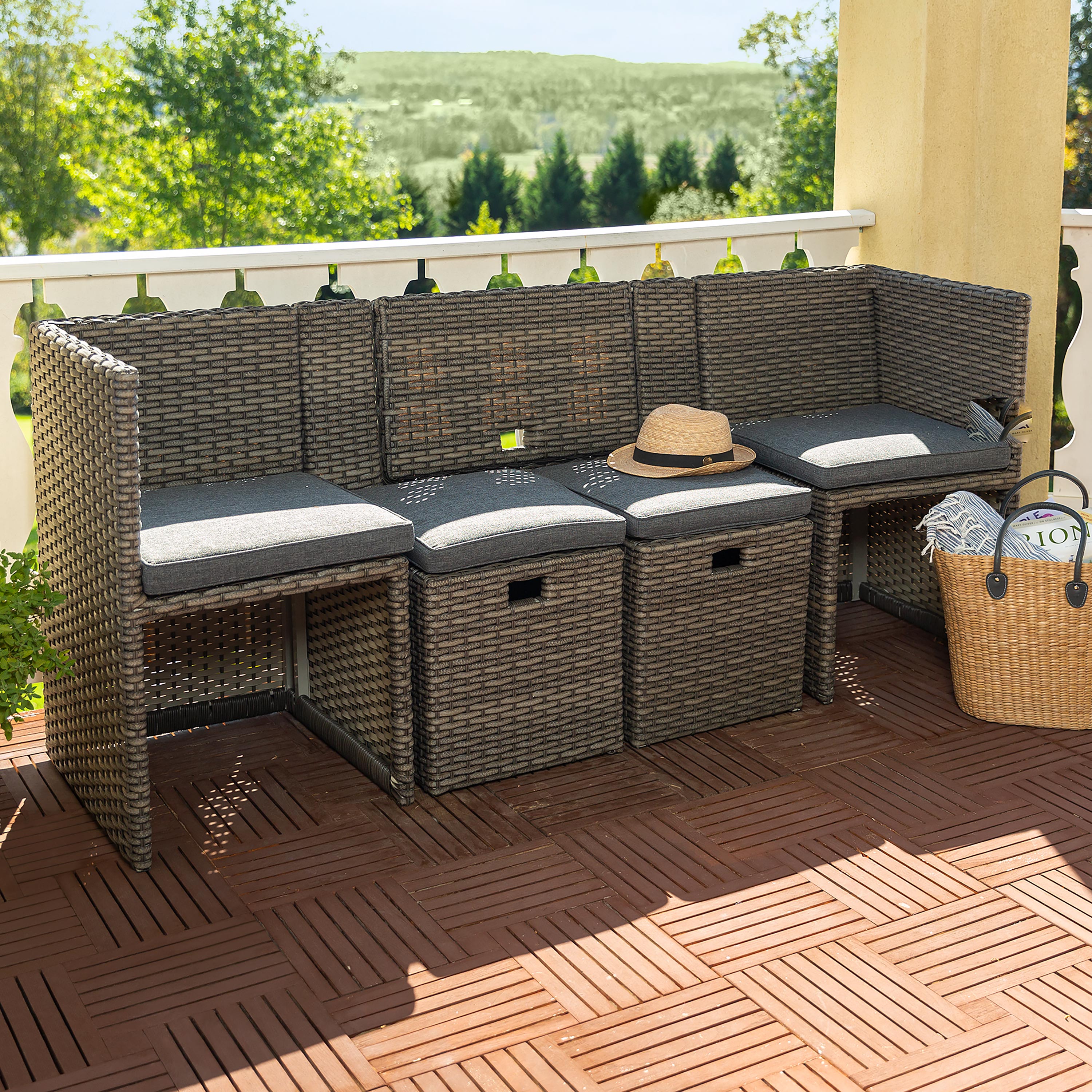 Compact Modular Wicker Seating Set with Multiple Configurations - Antique Brown