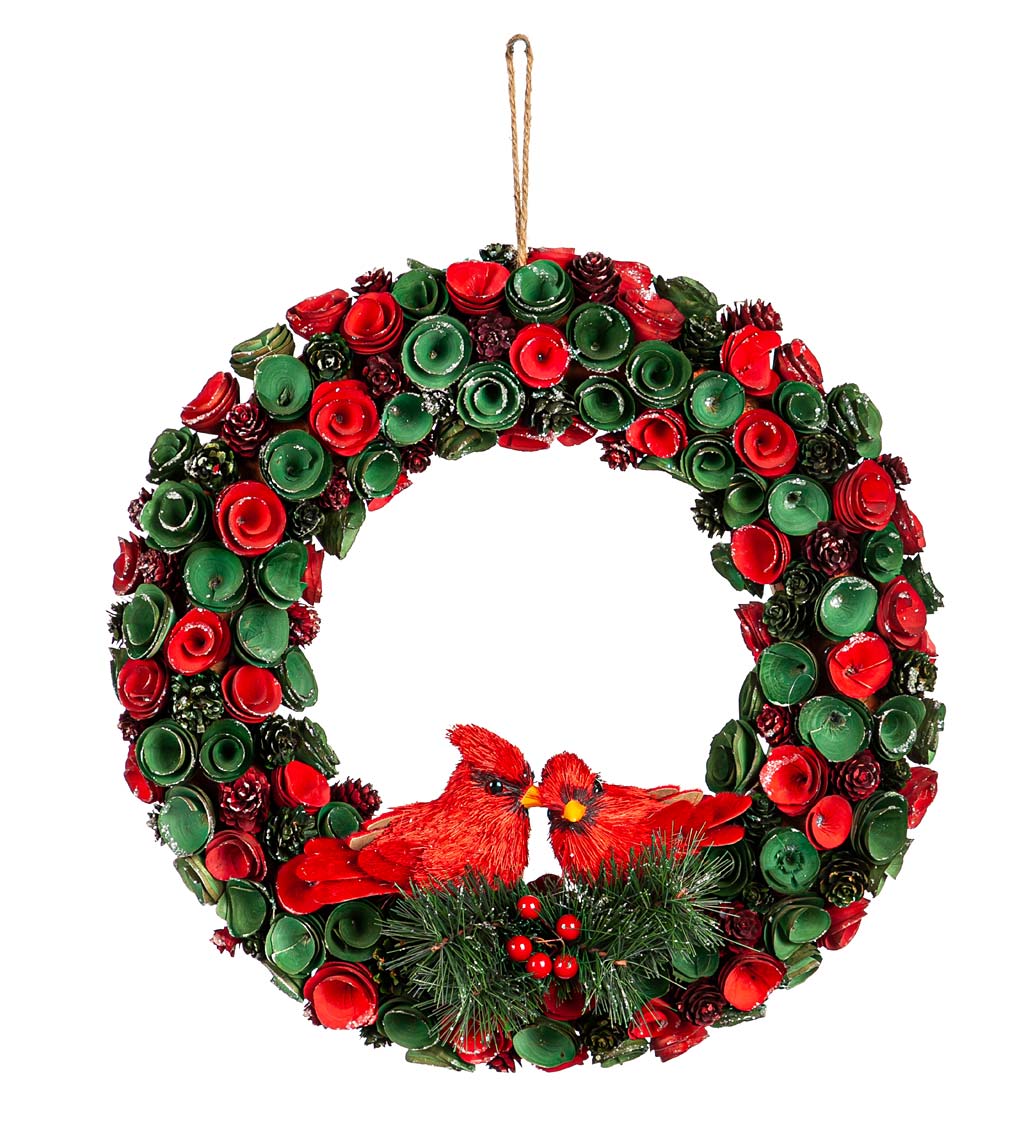 Wood Chip Floral Holiday Cardinal Wreath