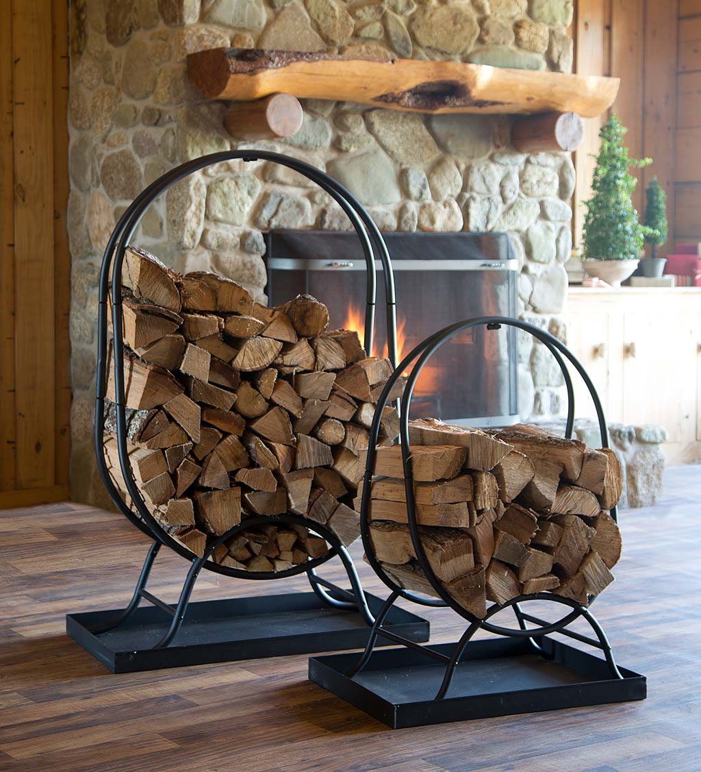 Oval Wood Rack with Kindling Storage and Dirt Tray