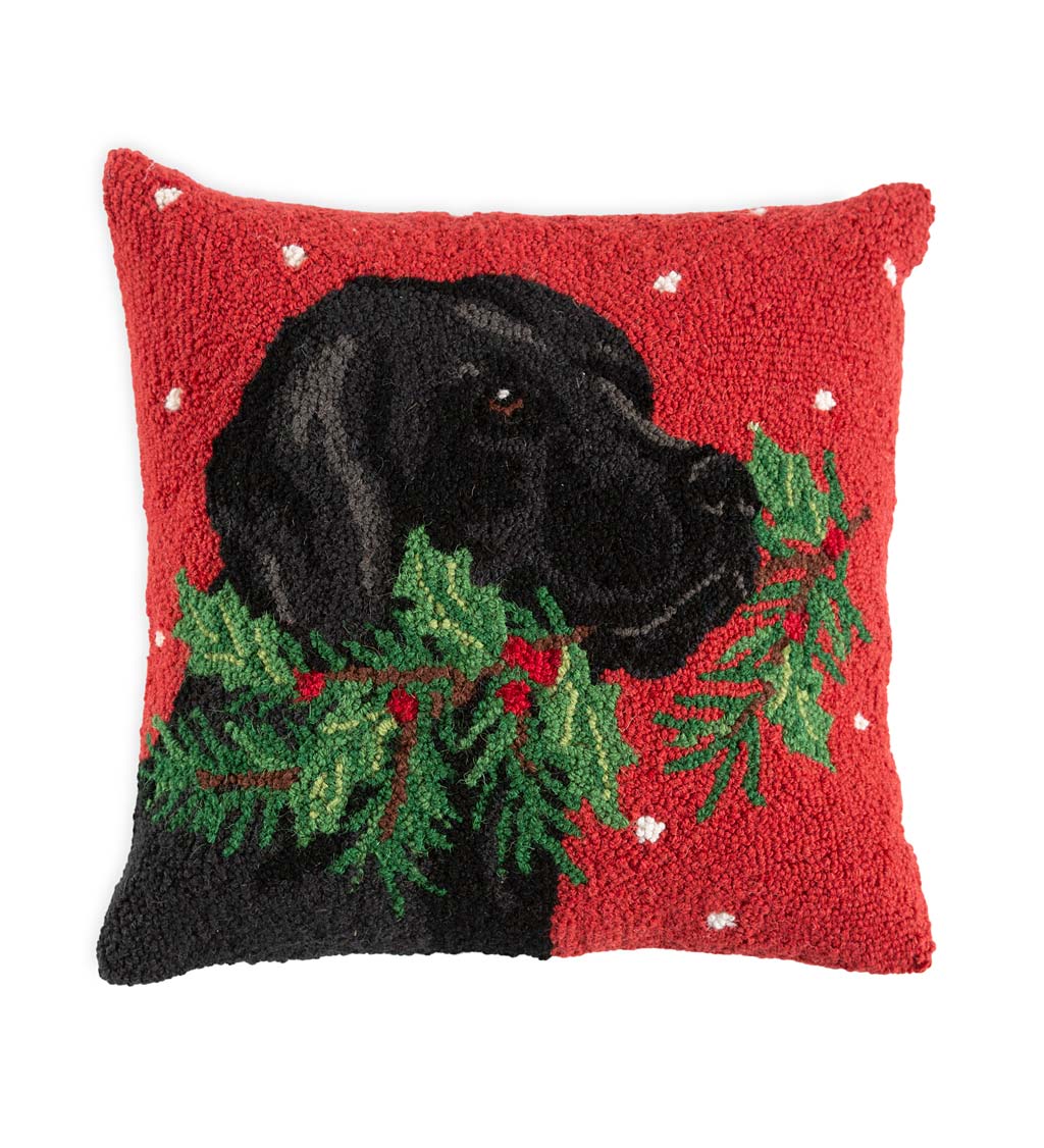 Holiday Black Lab with Holly Hand-Hooked Wool Throw Pillow