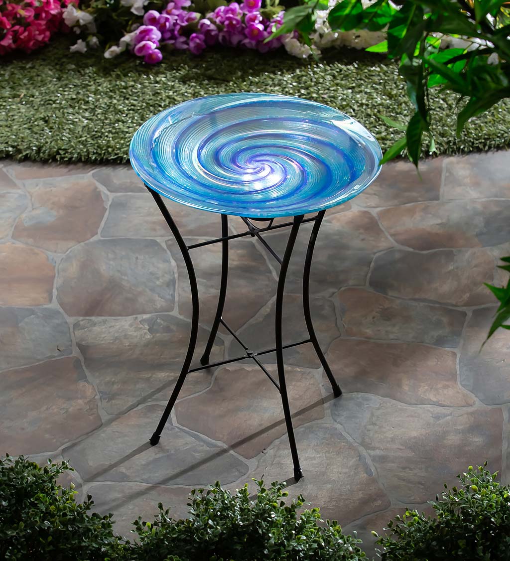 Blue Swirl Glass Bird Bath with Solar Stand