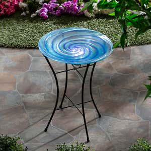 Blue Swirl Glass Bird Bath with Solar Stand