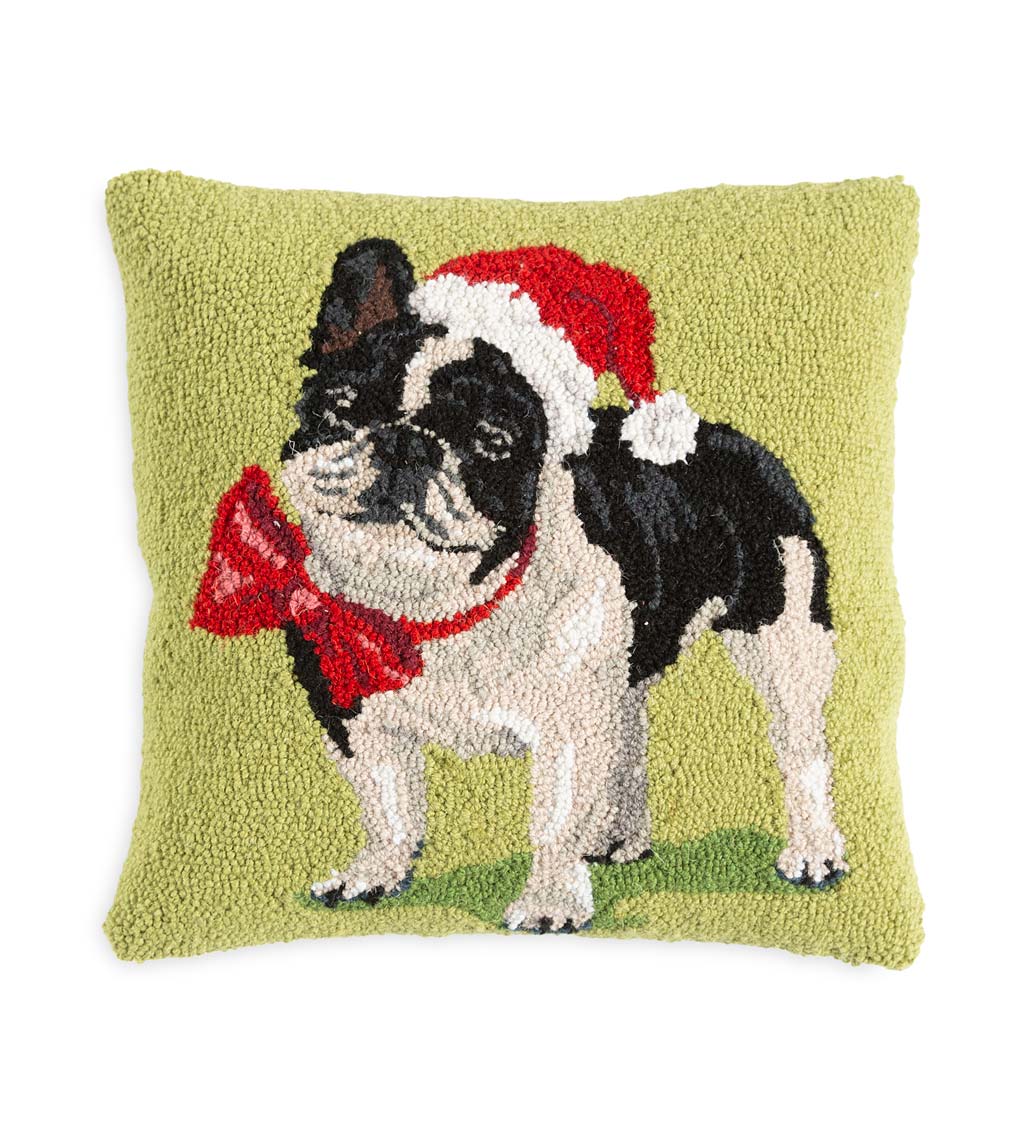 Holiday French Bulldog with Santa Hat Hand-Hooked Wool Throw Pillow