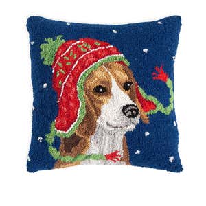 Holiday Beagle with Knit Hat Hand-Hooked Wool Throw Pillow