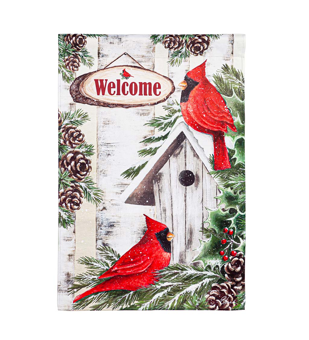 Wooden Birdhouse with Cardinals Suede House Flag