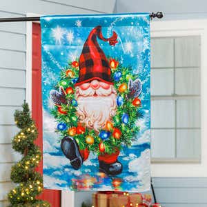 Gnome with a Christmas Wreath Lustre House Flag