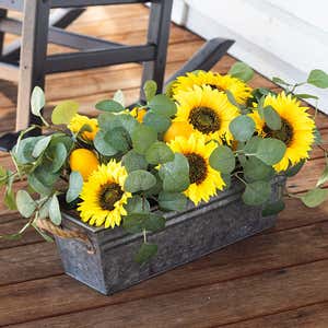 Faux Sunflower, Lemon and Eucalyptus Floral Arrangement in Planter