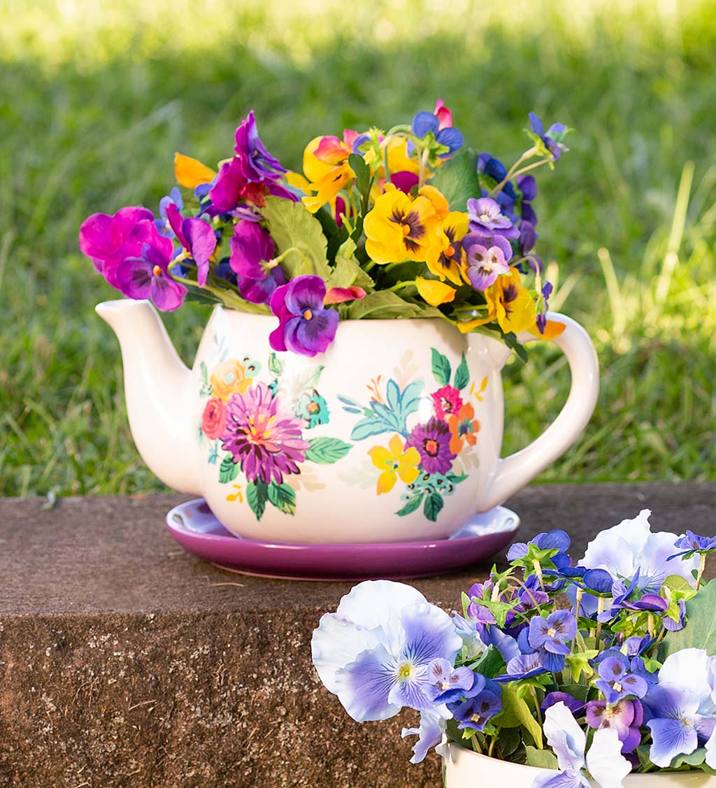 Indoor/Outdoor Ceramic Floral Tea Pot Planter with Saucer