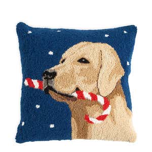 Holiday Yellow Lab with Candy Cane Hand-Hooked Wool Throw Pillow