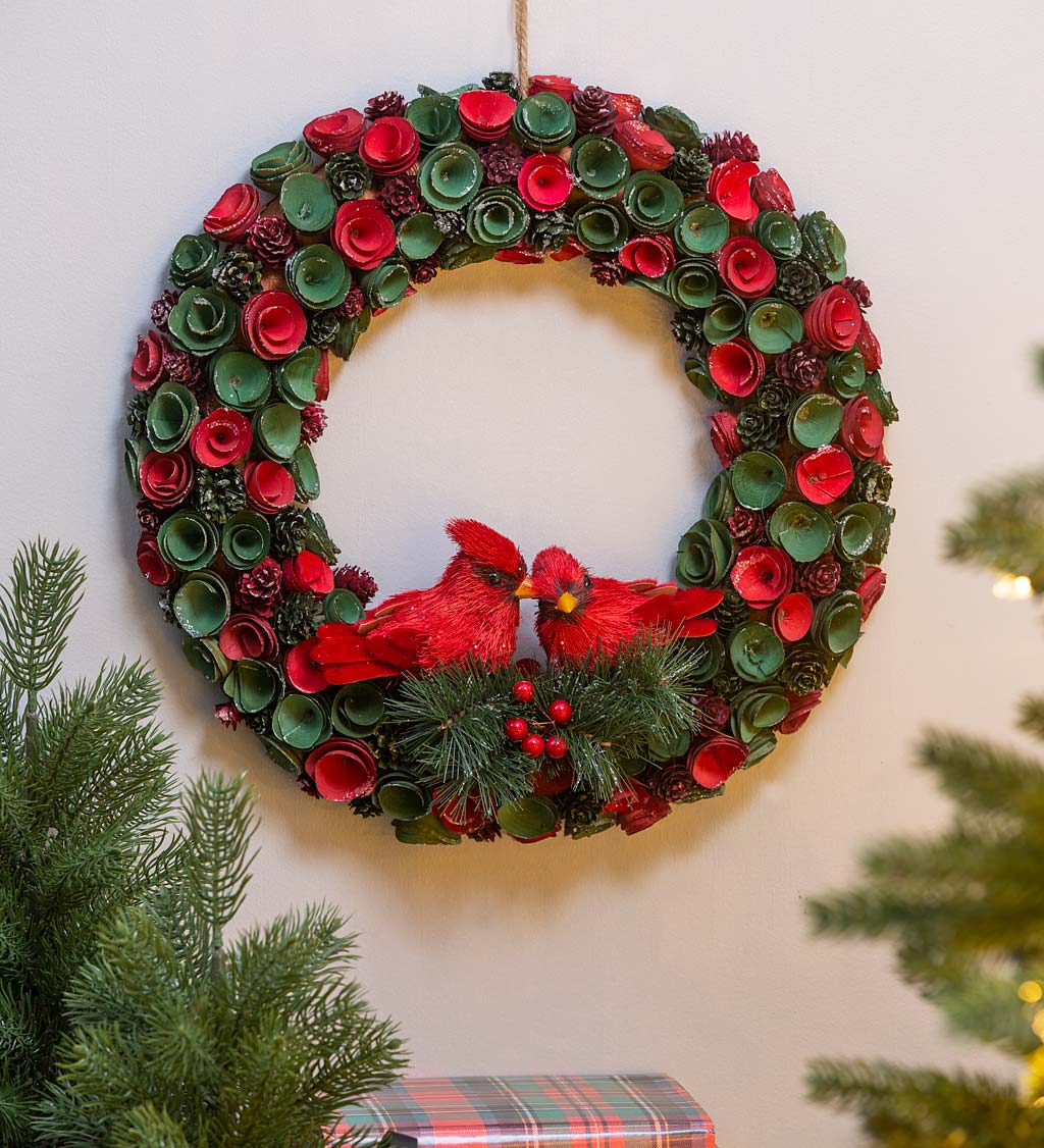 Wood Chip Floral Holiday Cardinal Wreath