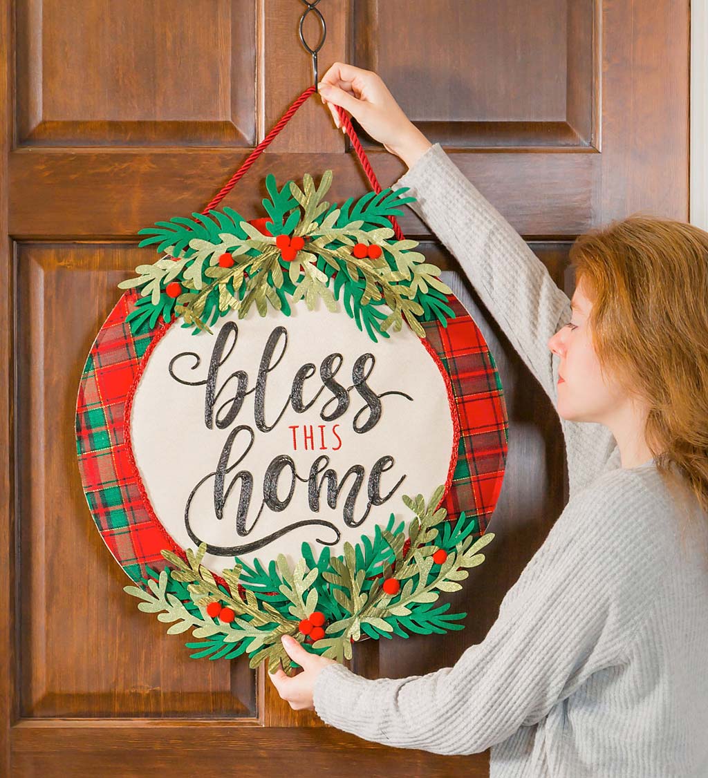 Bless This Home Red and Green Plaid 3D Door Décor