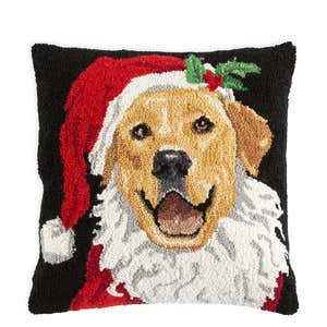 Holiday Golden Retriever Santa Hand-Hooked Wool Throw Pillow