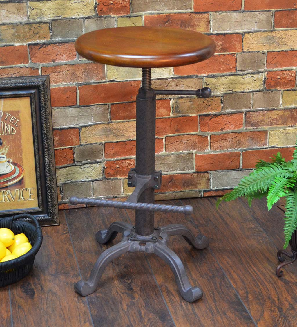 Industrial-Style Adjustable-Height Wood and Metal Stool