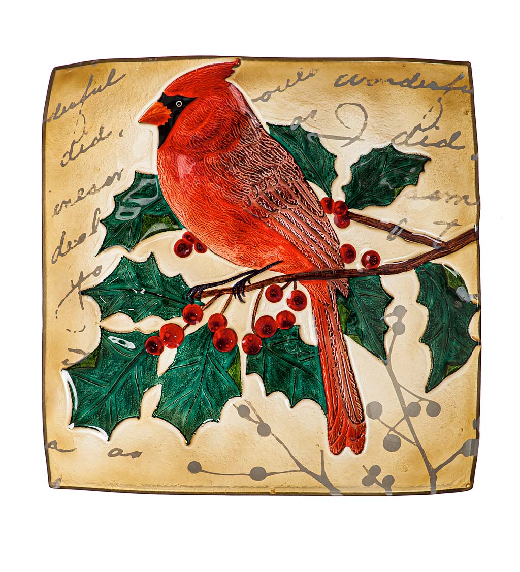 Hand-Painted Holiday Cardinal Embossed Square Glass Bird Bath