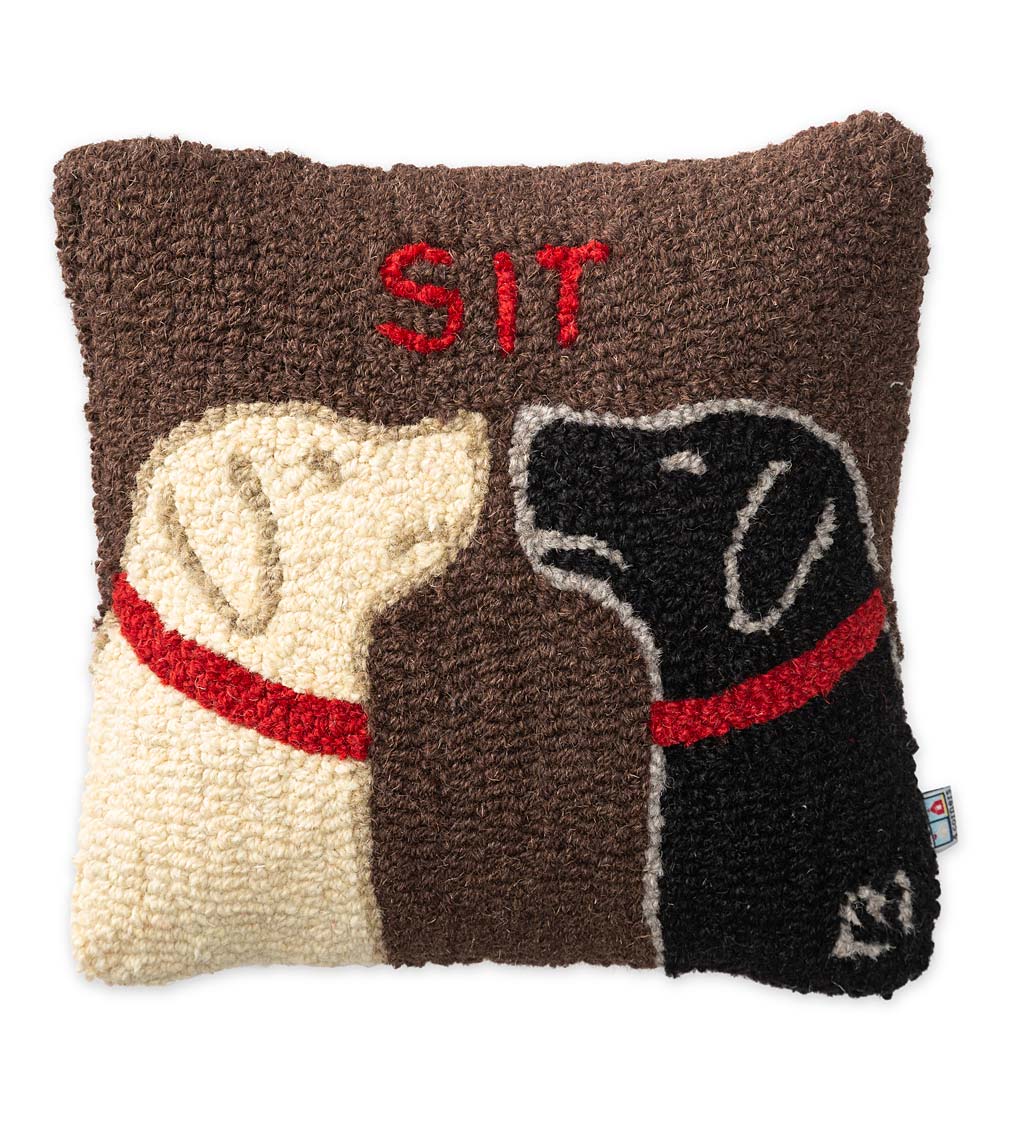 Labrador Dogs "Sit" Hand-Hooked Wool Throw Pillow