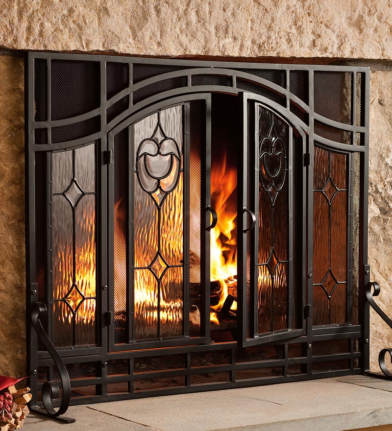 Small Two-Door Fireplace Screen with Glass Floral Panels