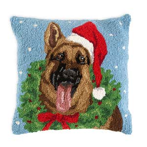 Holiday German Shepherd with Wreath Hand-Hooked Wool Throw Pillow