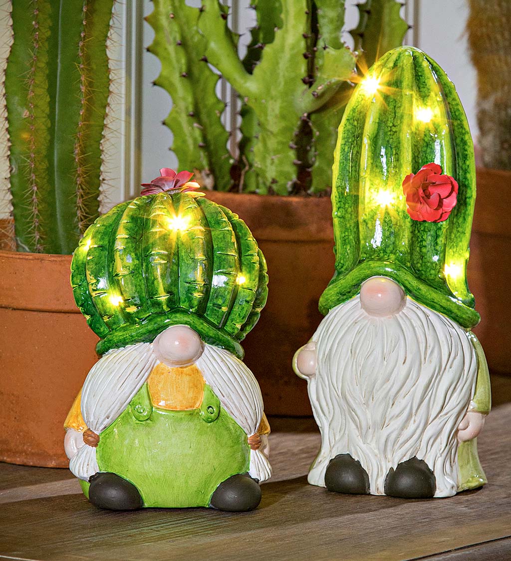 Lighted Ceramic Cactus Gnomes, Set of 2