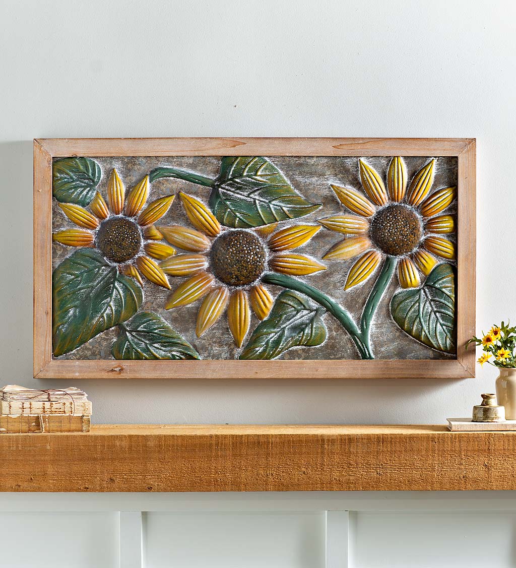 Sunflower Embossed Metal Wall Décor with Wood Frame