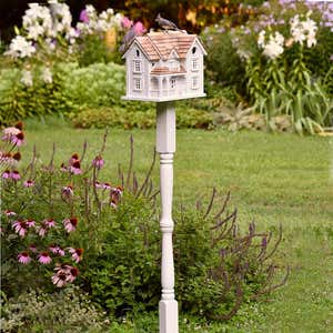 Kingsgate Cottage Lighted Birdhouse and Pedestal Pole Set - White