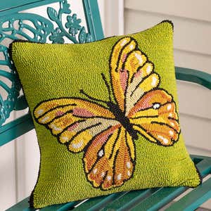 Indoor/Outdoor Green Butterfly Hand Hooked Polypropylene Throw Pillow