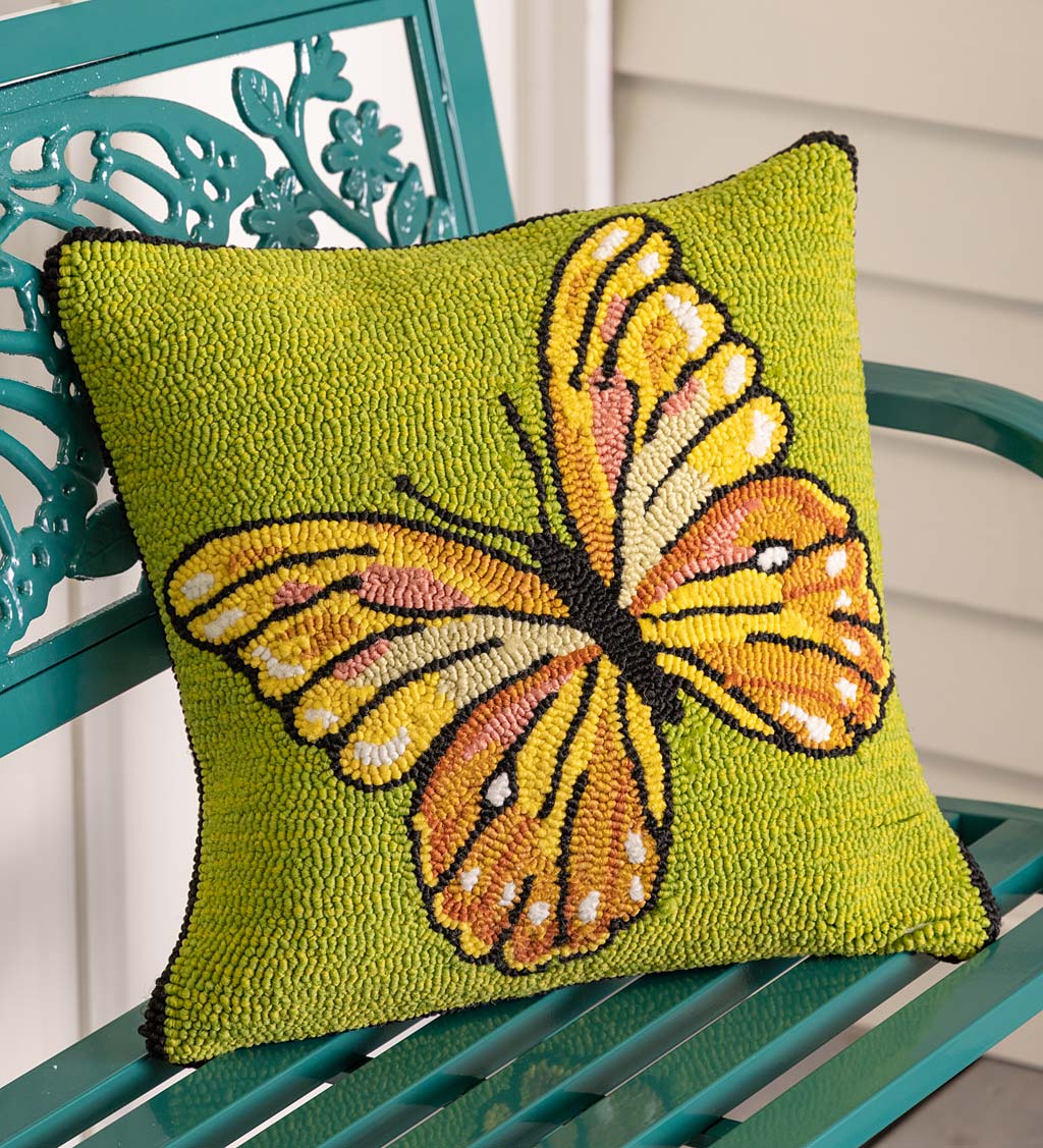 Indoor/Outdoor Green Butterfly Hand Hooked Polypropylene Throw Pillow