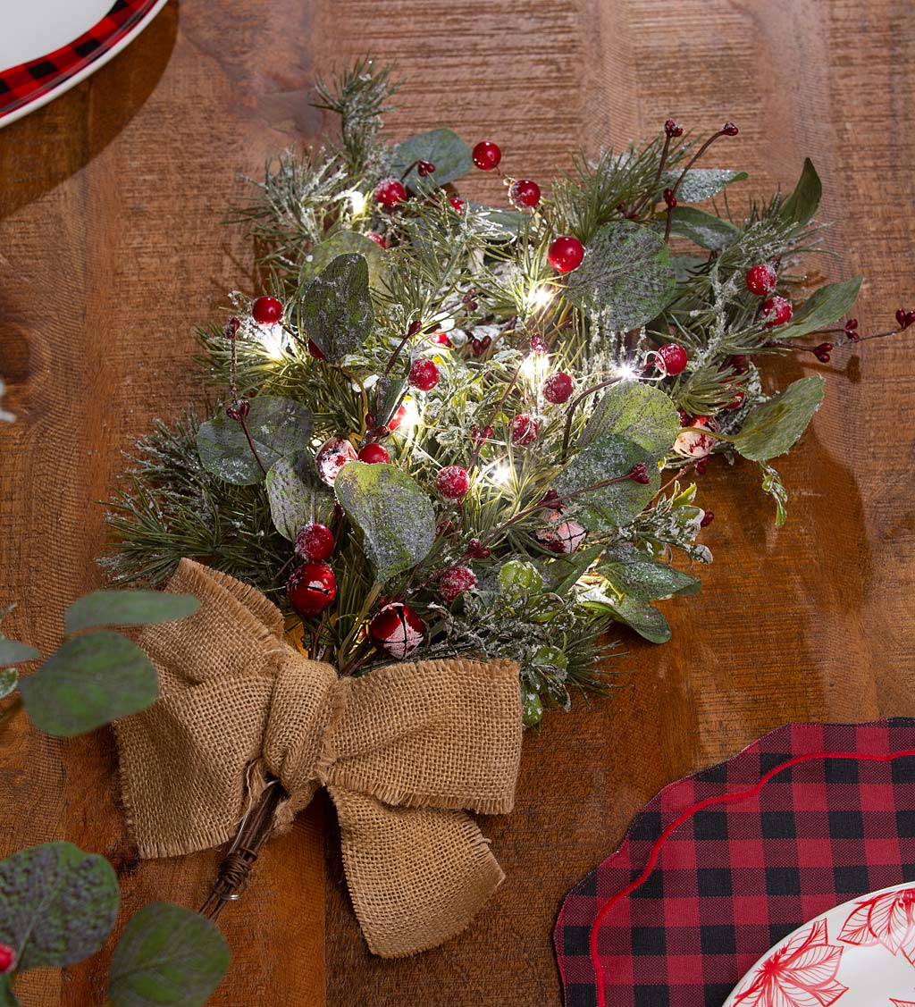 Lighted Berries and Eucalyptus Swag with Burlap Bow and Bells