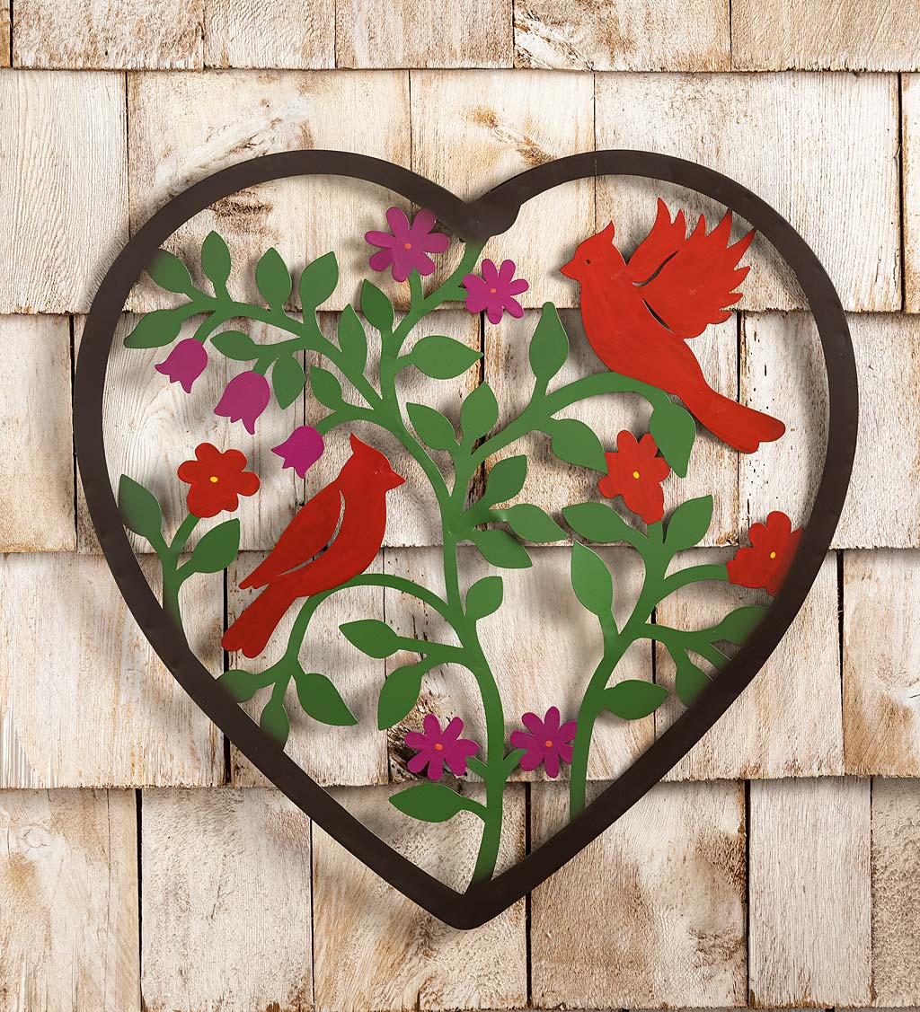 Metal Indoor/Outdoor Heart Wall Art With Cardinals And Flowers