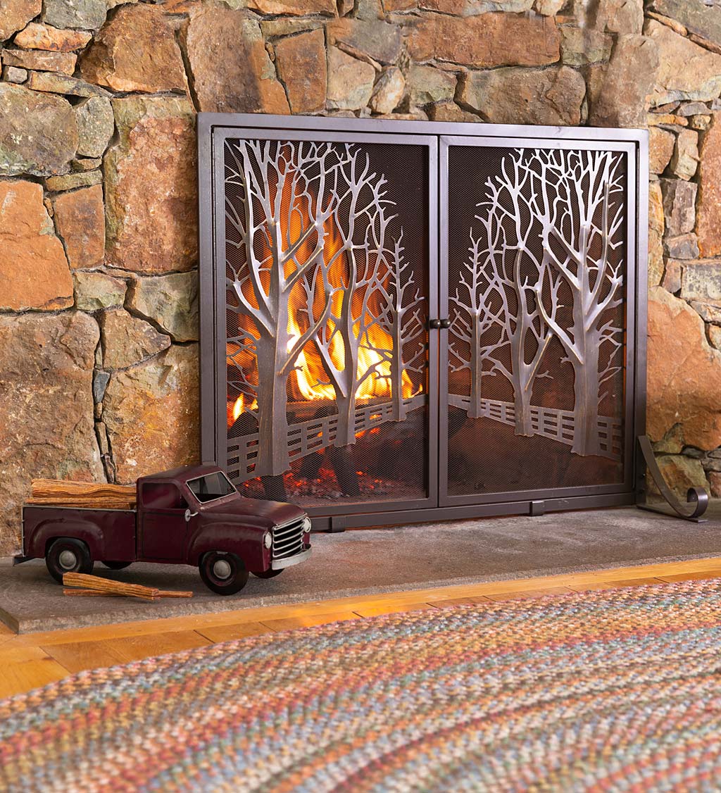 Country Road Tree Line Fireplace Screen with Doors