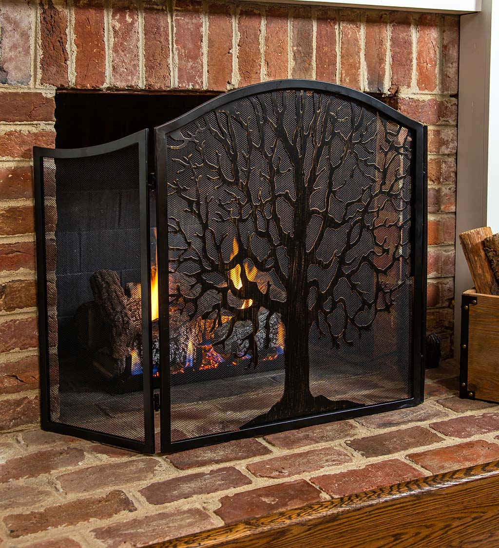 Tri-Fold Tree of Life Fireplace Screen and Spark Guard